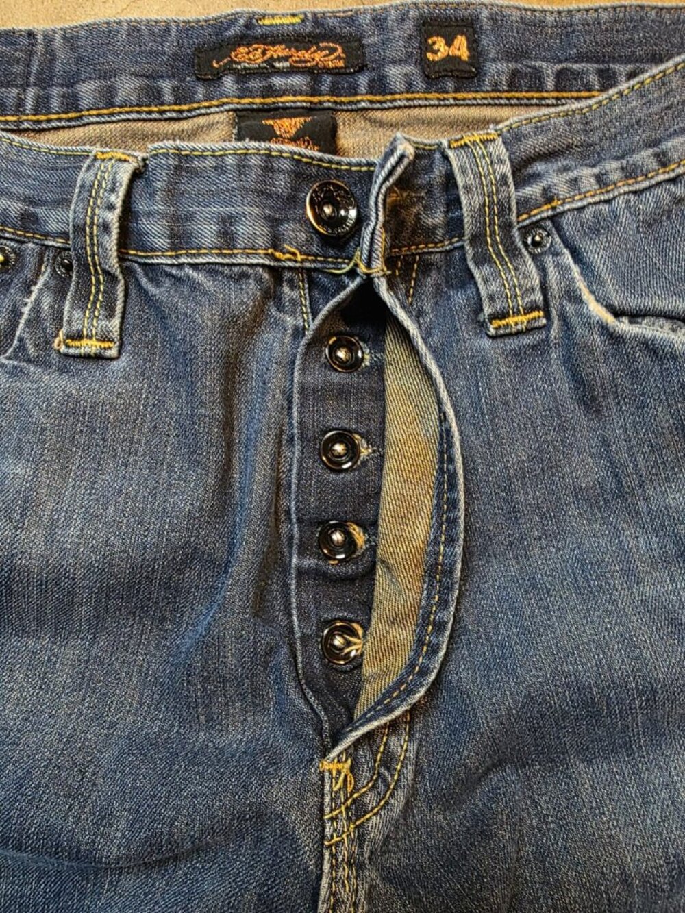 Vintage ED HARDY Distressed Button Fly Straight Leg Jeans Men’s 34x32 Y2K Blue D